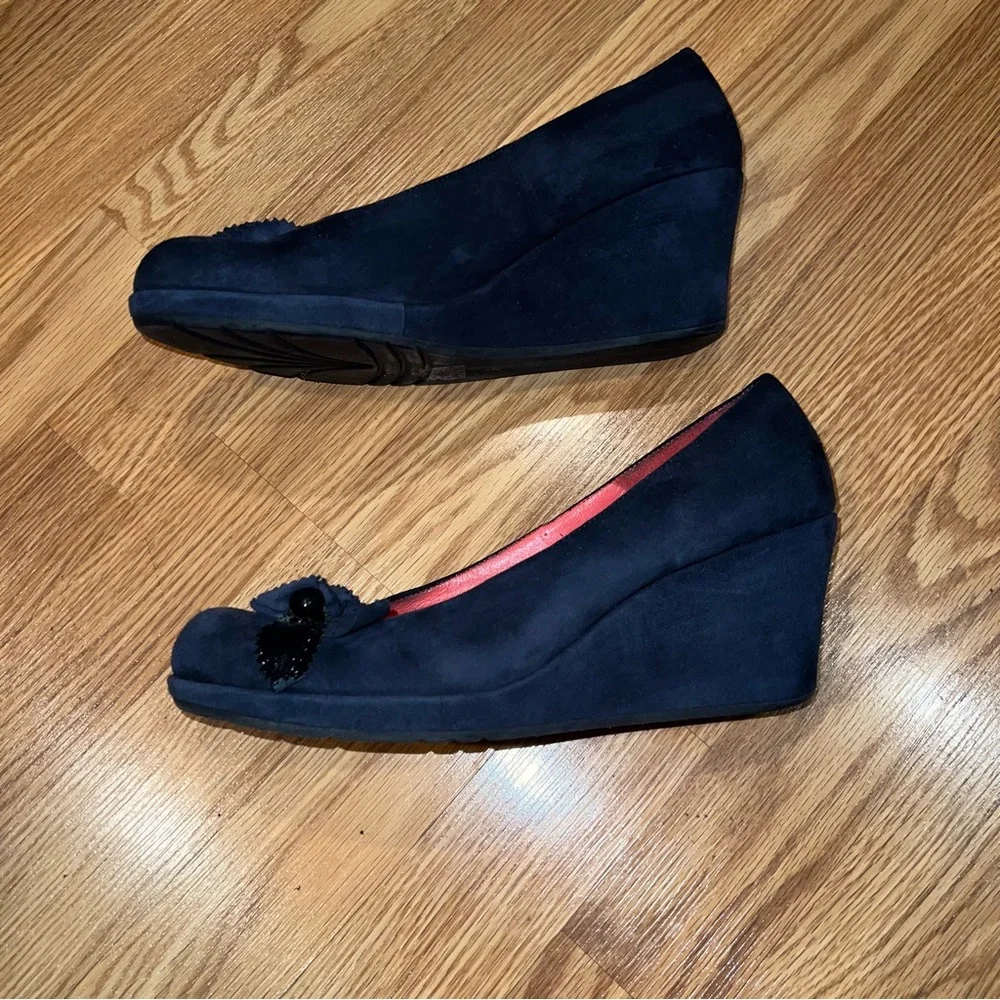 Pas‎ de Rouge Blue Suede 2.5” wedge Heels with rosette bows